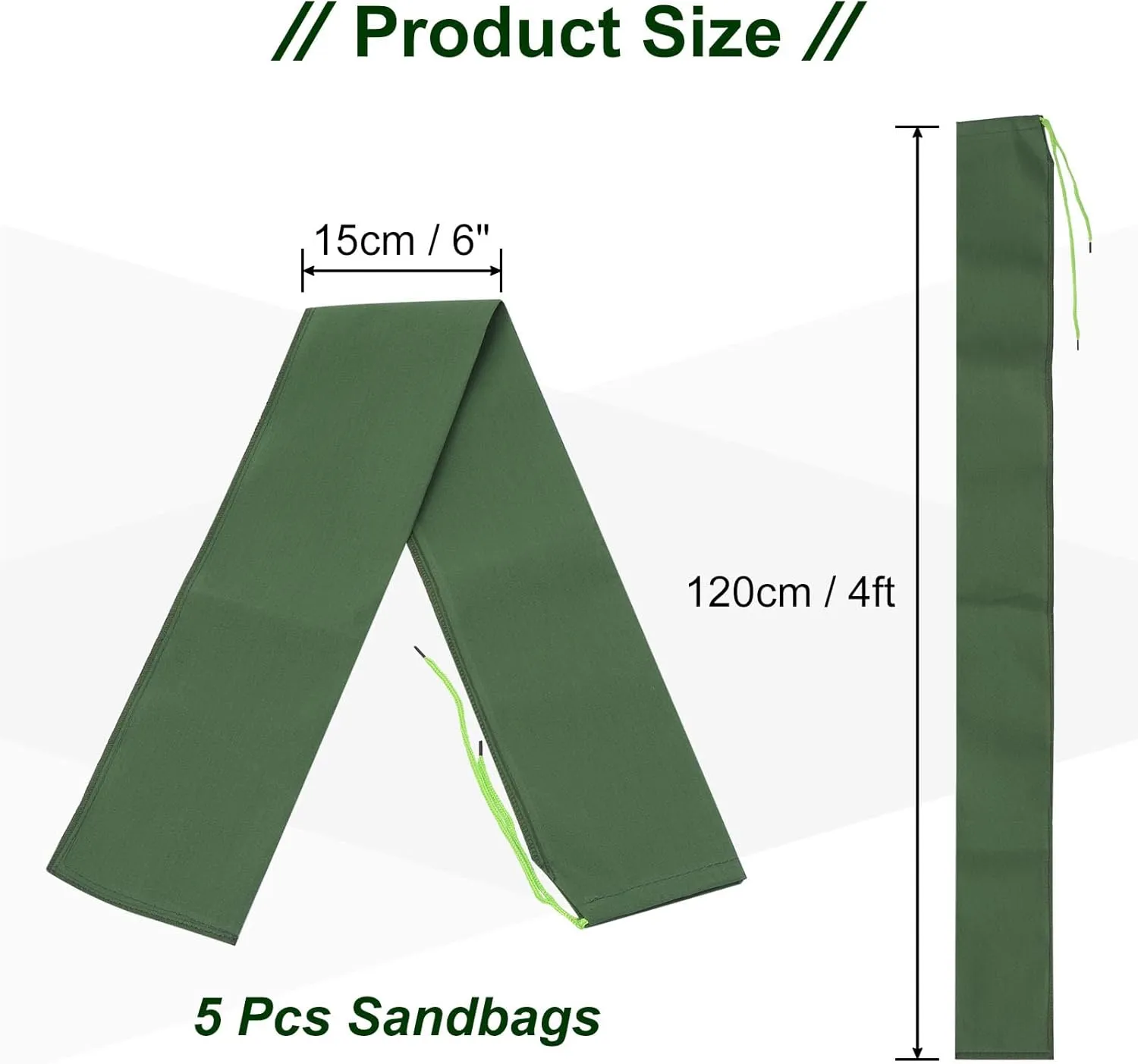 PATIKIL 4' x 6" Sand Bag for Flooding, 5 Pack Long Canvas Sandbags Thickened Water barriers for Flooding with Binding Elastic Band for Door Flood Control, Green