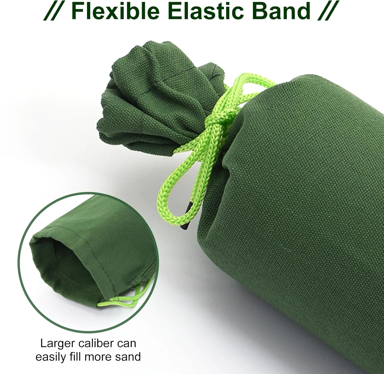 PATIKIL 4' x 6" Sand Bag for Flooding, 5 Pack Long Canvas Sandbags Thickened Water barriers for Flooding with Binding Elastic Band for Door Flood Control, Green