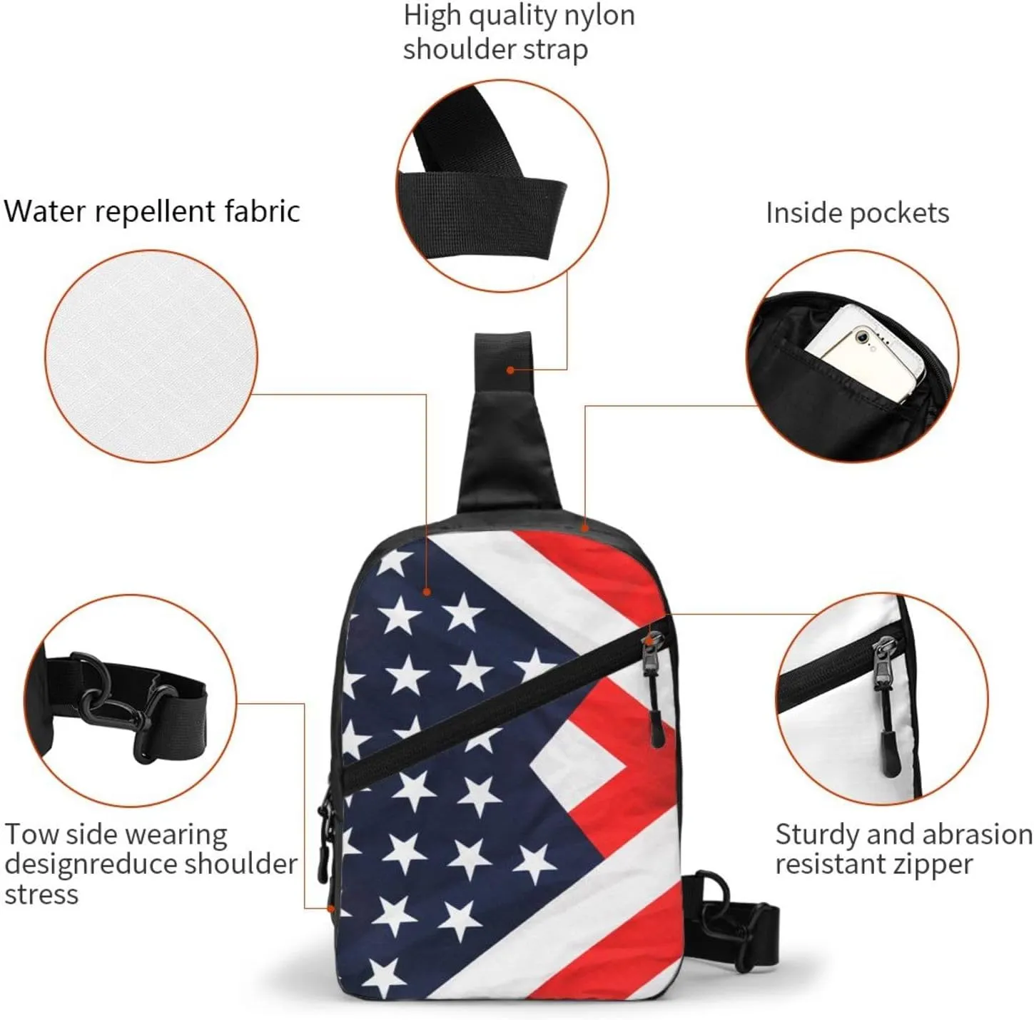 Patriotic American Flag Crossbody Bag Casual Daypack for Hiking, Traveling Outdoors