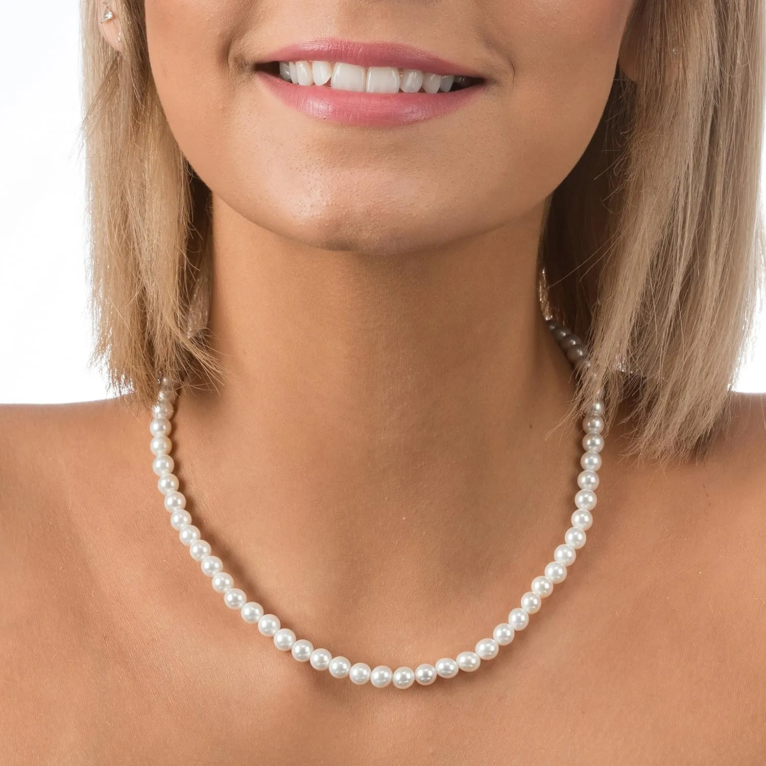 PAVOI Sterling Silver Round White Simulated Shell Pearl Necklace Strand | Pearl Choker Necklace | Jewelry for Women