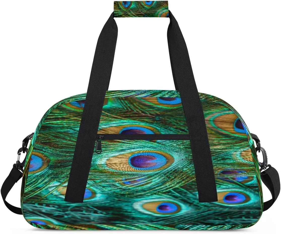 Peacocks Feathers Gym Duffel Bag for Men Women Feathers Sports Tote Bag with Adjustable Shoulder Strap for Dance Gymnastics Traveling Outdoor Camping Overnight Stay