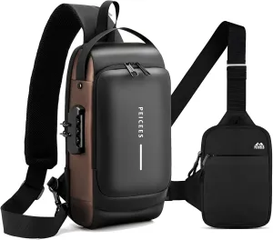 Peicees Pack of 2 Mens Crossbody Bag Man Bags Mens Purse Anti-theft Sling Bag Shoulder Bag Chest Bag, Leather Black Gold and Mini Black