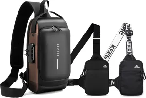 Peicees Pack of 3 Mens Crossbody Bag Man Bags Mens Purse Anti-theft Sling Bag Shoulder Bag Chest Bag, Leather Black Gold and Mini Black and Mini Black
