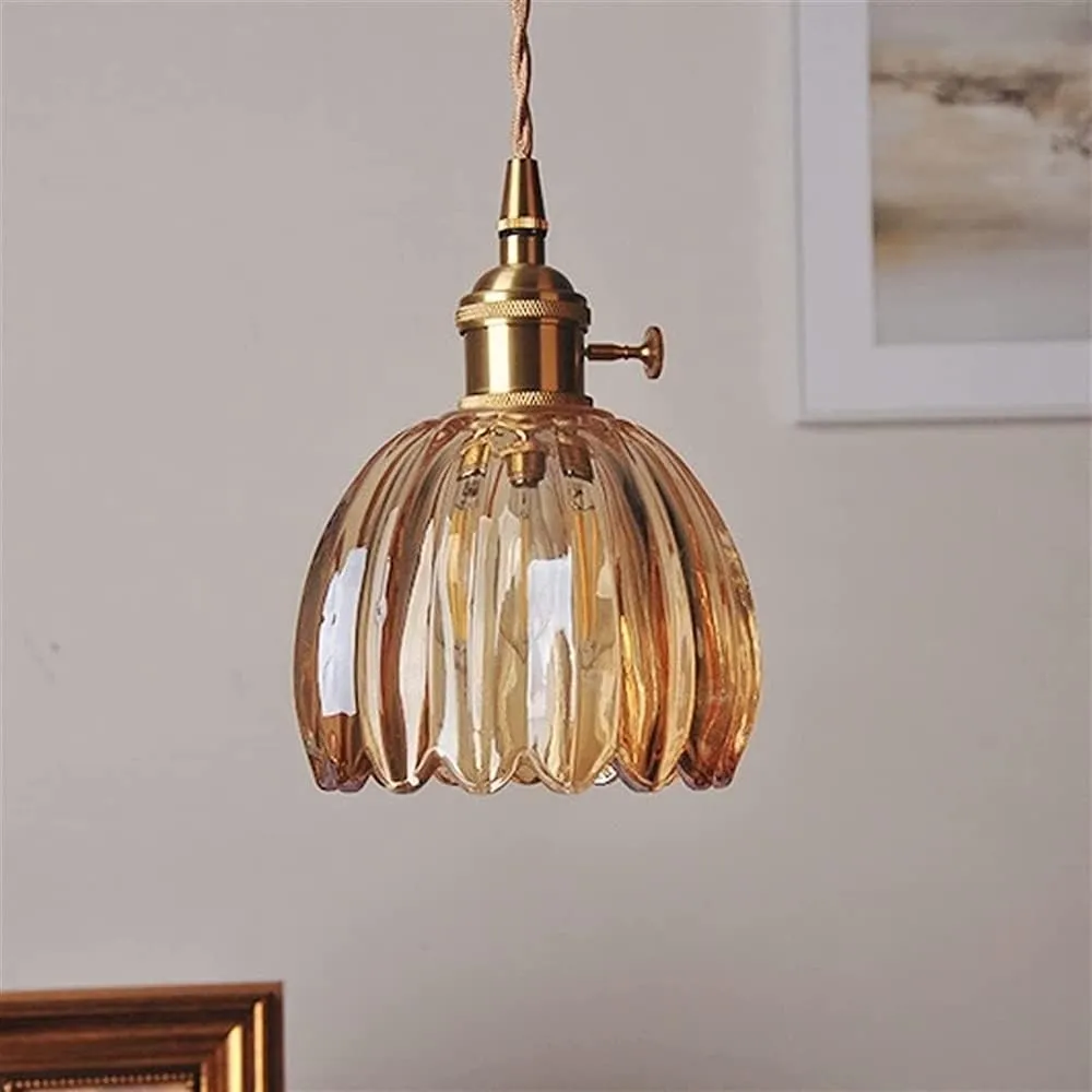 PendantLight, Nordic Glasslampshade Chandelier Japanese Brass Flower Pendant Light for Bedroom Bedside Dining Room Loft Cafe Bar Suspended Lights(C) (B)