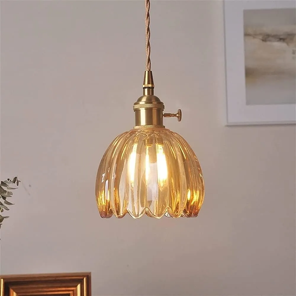 PendantLight, Nordic Glasslampshade Chandelier Japanese Brass Flower Pendant Light for Bedroom Bedside Dining Room Loft Cafe Bar Suspended Lights(C) (B)