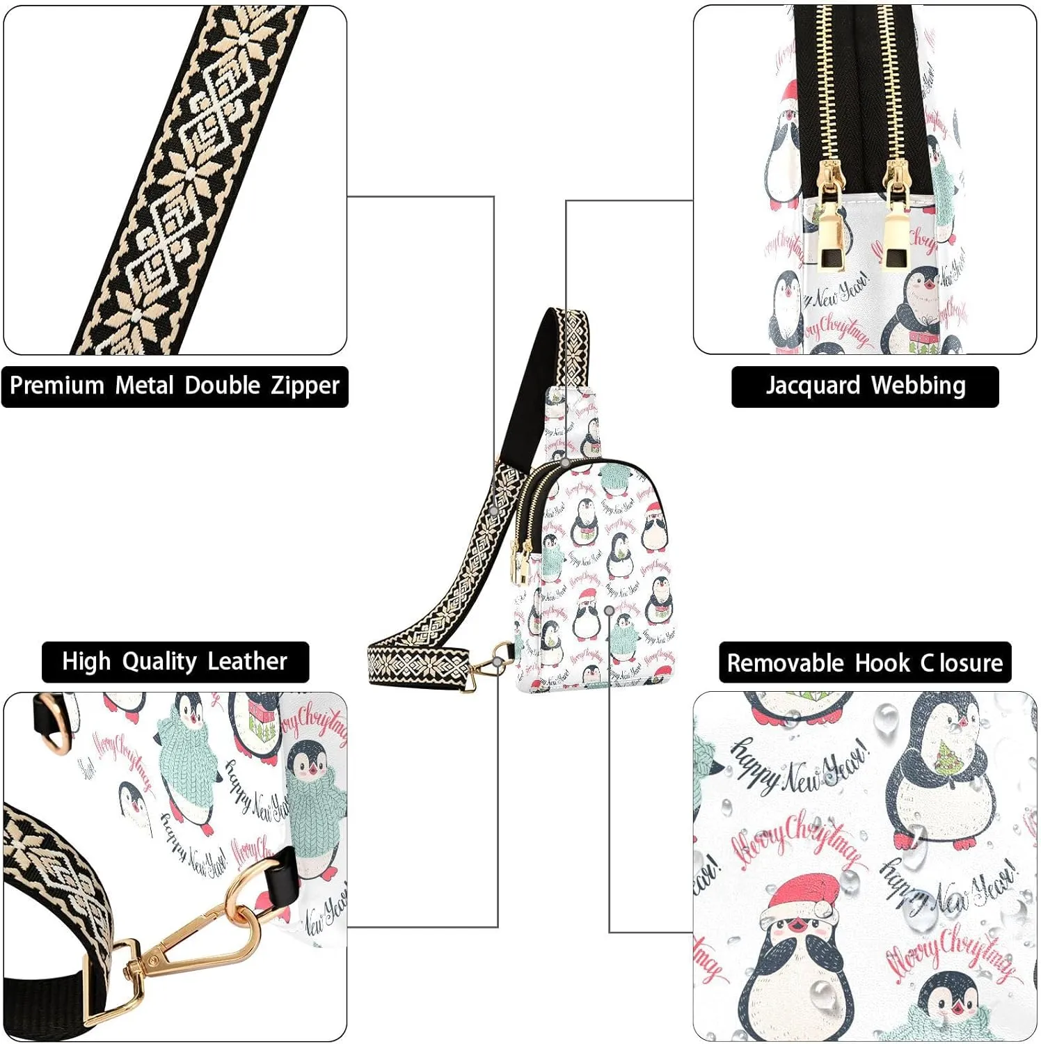 Penguin Pattern Winter Trendy Crossbody Bag Fashion Waist Packs Merry Christmas Cross Body Leather Chest Bag for Women Fanny Pack Travel Outdoor Crossbody Sling Bag