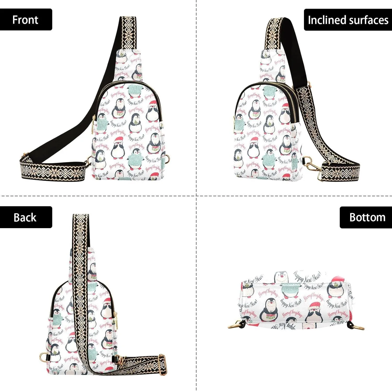 Penguin Pattern Winter Trendy Crossbody Bag Fashion Waist Packs Merry Christmas Cross Body Leather Chest Bag for Women Fanny Pack Travel Outdoor Crossbody Sling Bag