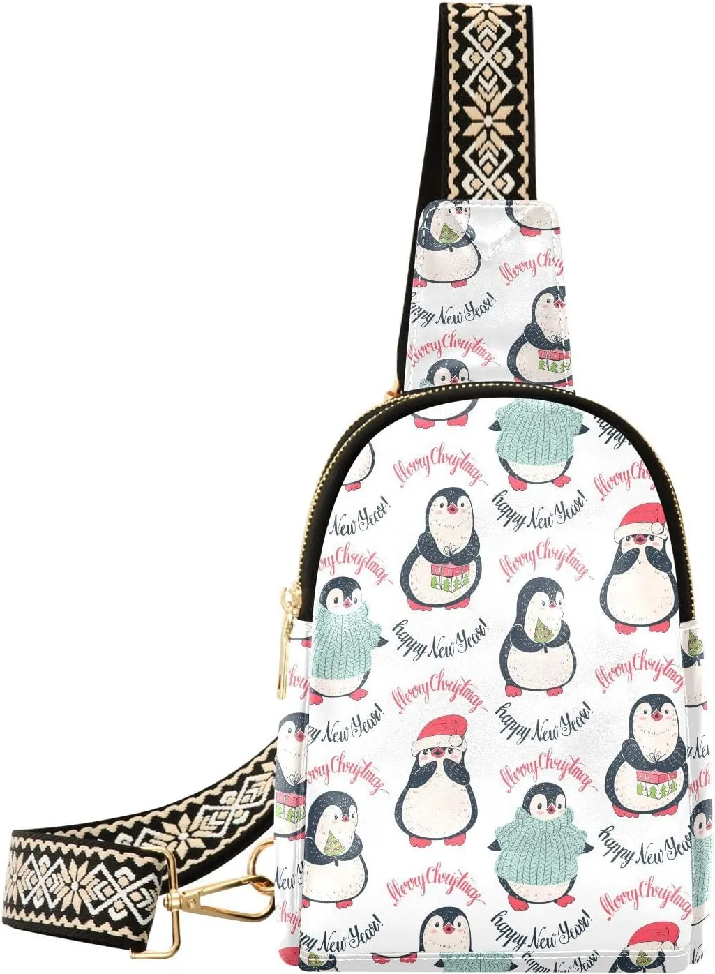 Penguin Pattern Winter Trendy Crossbody Bag Fashion Waist Packs Merry Christmas Cross Body Leather Chest Bag for Women Fanny Pack Travel Outdoor Crossbody Sling Bag