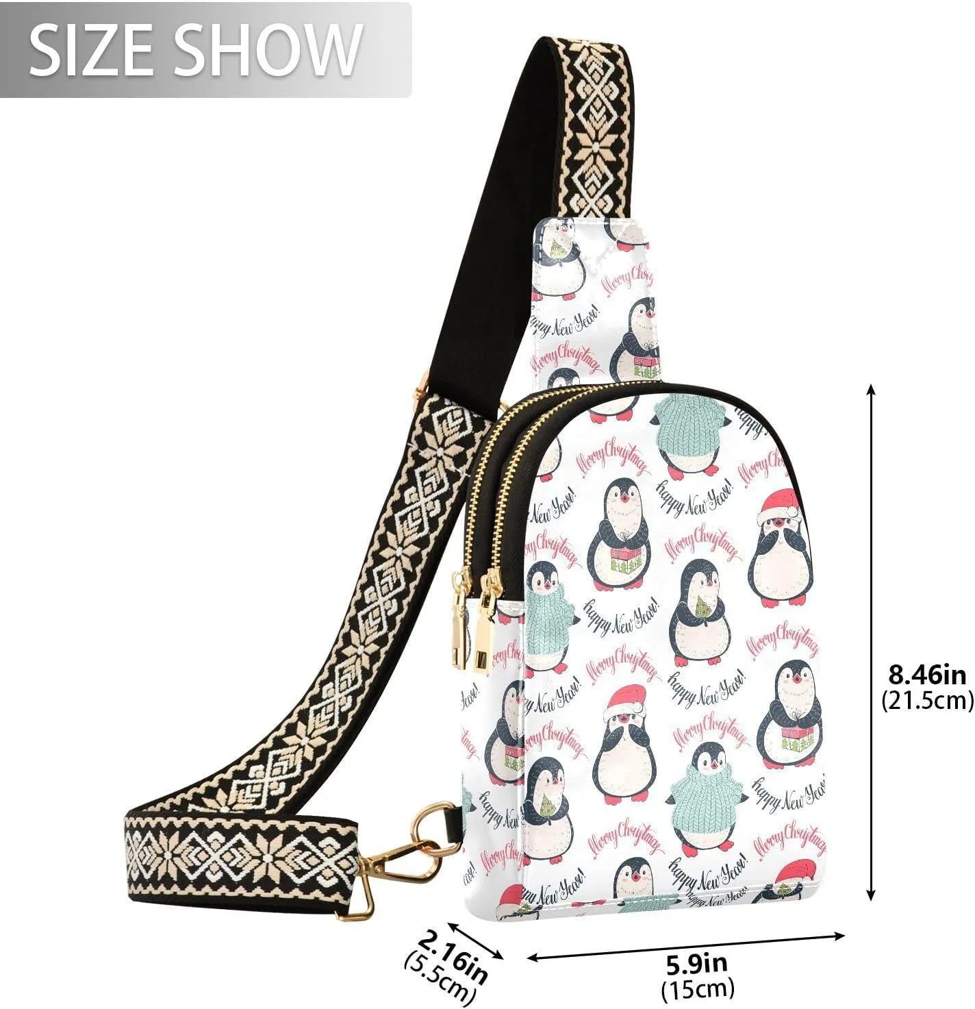 Penguin Pattern Winter Trendy Crossbody Bag Fashion Waist Packs Merry Christmas Cross Body Leather Chest Bag for Women Fanny Pack Travel Outdoor Crossbody Sling Bag