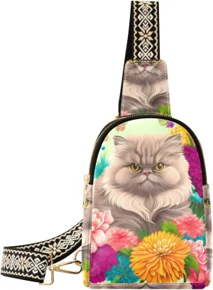 Persian Cat Print Women Sling Bag with Adjustable Strap Zipper Closure, PU Leather Water Resistant Crossbody Bag Purse Chest Bag