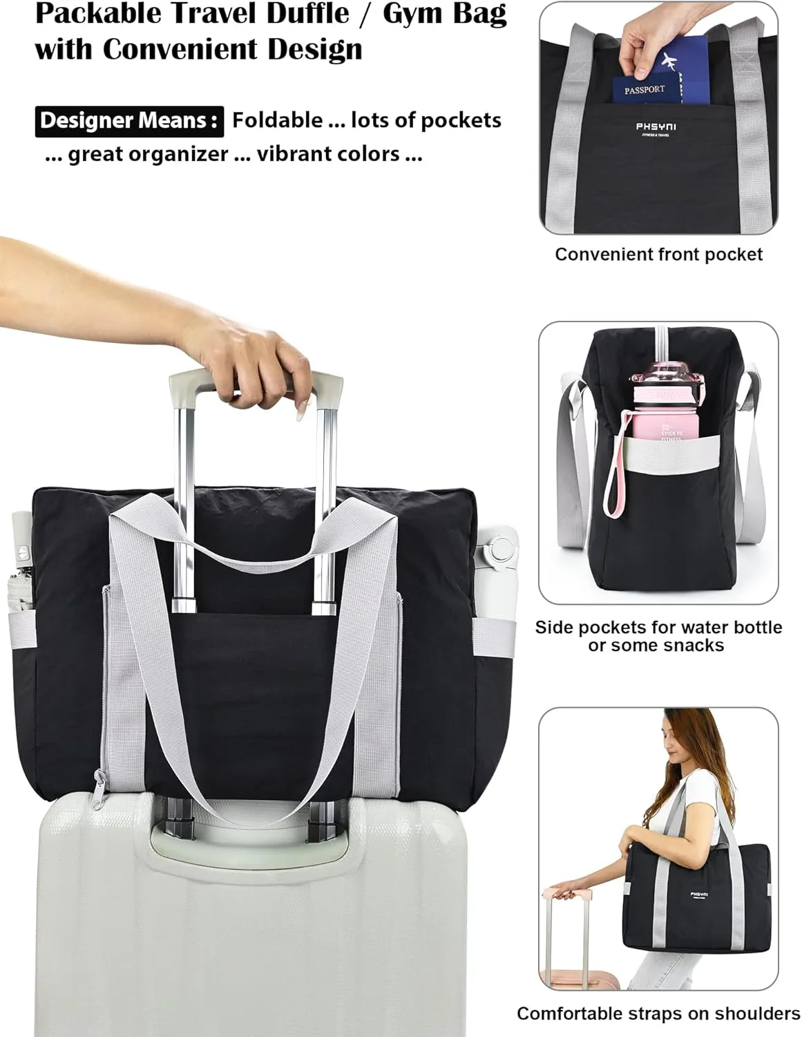 Personal Item Bag for Frontier Spirit Airlines 18x14x8, Under Seat Bags for Airplanes, Foldable Duffle Bag for Travel Fitness Swim Yoga Beach for Men Women, Black