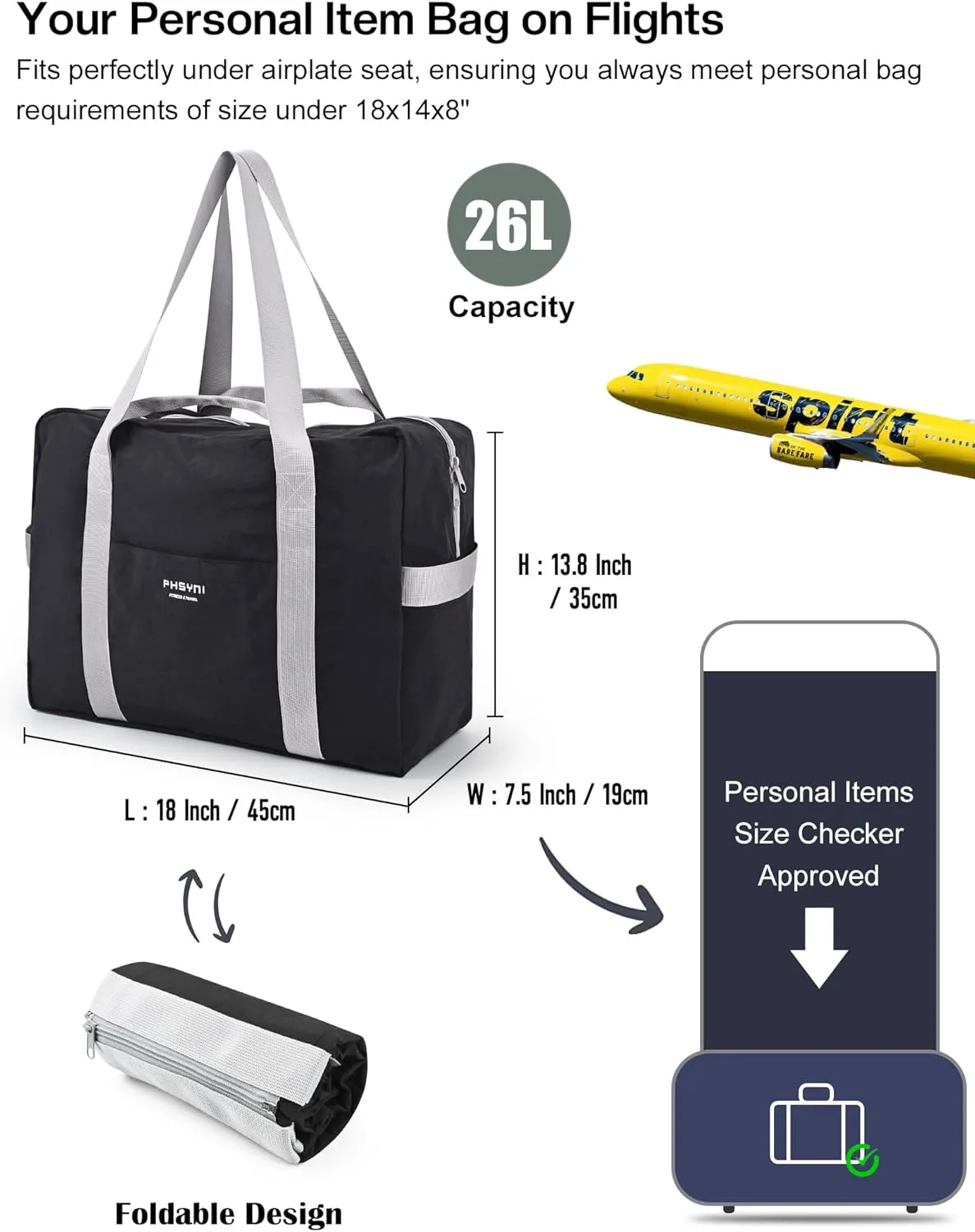 Personal Item Bag for Frontier Spirit Airlines 18x14x8, Under Seat Bags for Airplanes, Foldable Duffle Bag for Travel Fitness Swim Yoga Beach for Men Women, Black