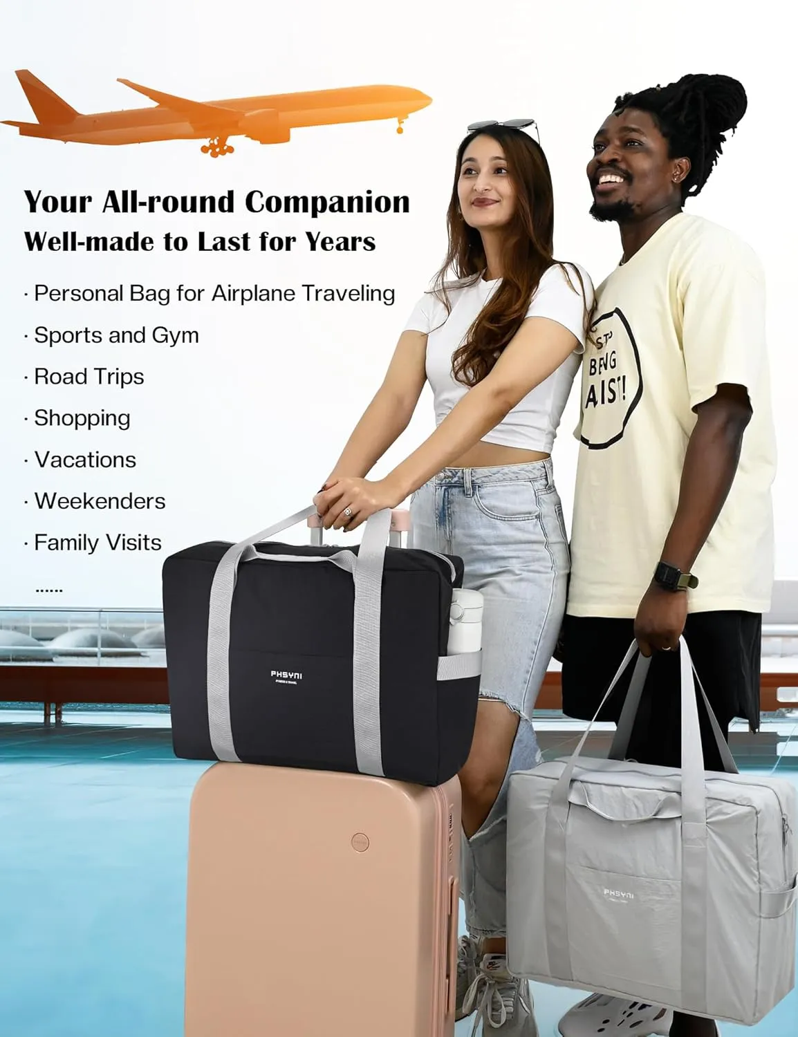 Personal Item Bag for Frontier Spirit Airlines 18x14x8, Under Seat Bags for Airplanes, Foldable Duffle Bag for Travel Fitness Swim Yoga Beach for Men Women, Black