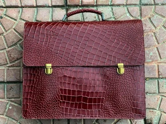 Personalized Alligator Leather Briefcase Bag, Alligator Textured Leather Laptop Bag, Men Cross-body Travel Office Handbag