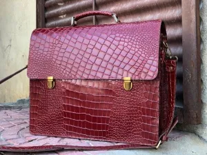 Personalized Alligator Leather Briefcase Bag, Alligator Textured Leather Laptop Bag, Men Cross-body Travel Office Handbag