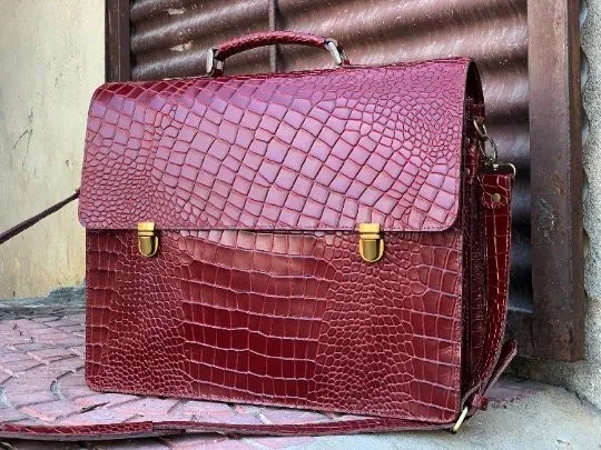 Personalized Alligator Leather Briefcase Bag, Alligator Textured Leather Laptop Bag, Men Cross-body Travel Office Handbag