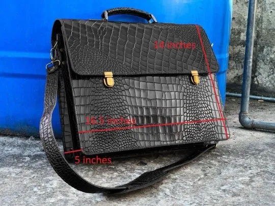 Personalized Alligator Leather Briefcase Bag, Alligator Textured Leather Laptop Bag, Men Cross-body Travel Office Handbag