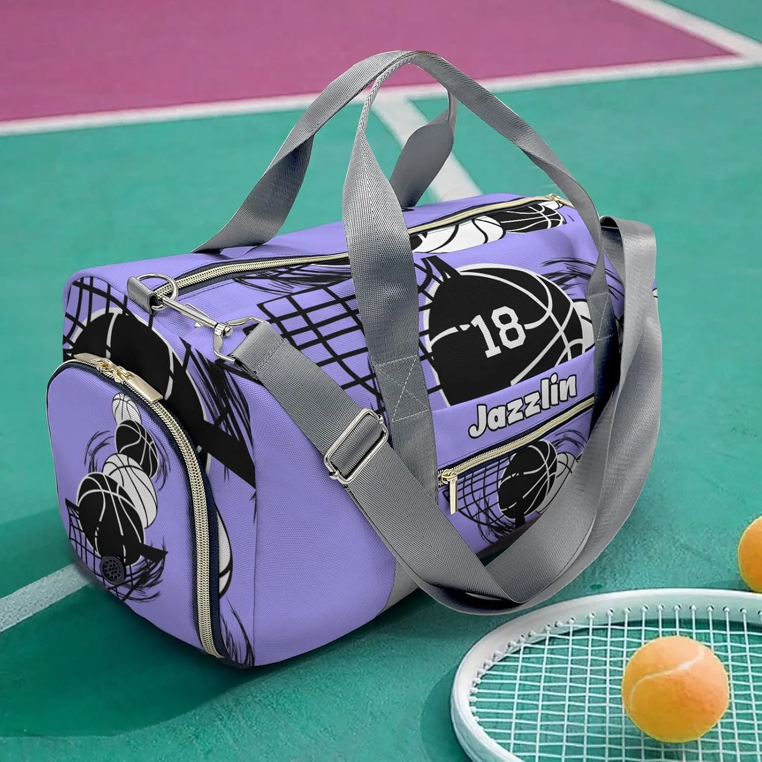 Personalized Basketball Blue Violet Duffel Bag,Customized Sport Player Travel Bag for Gifts