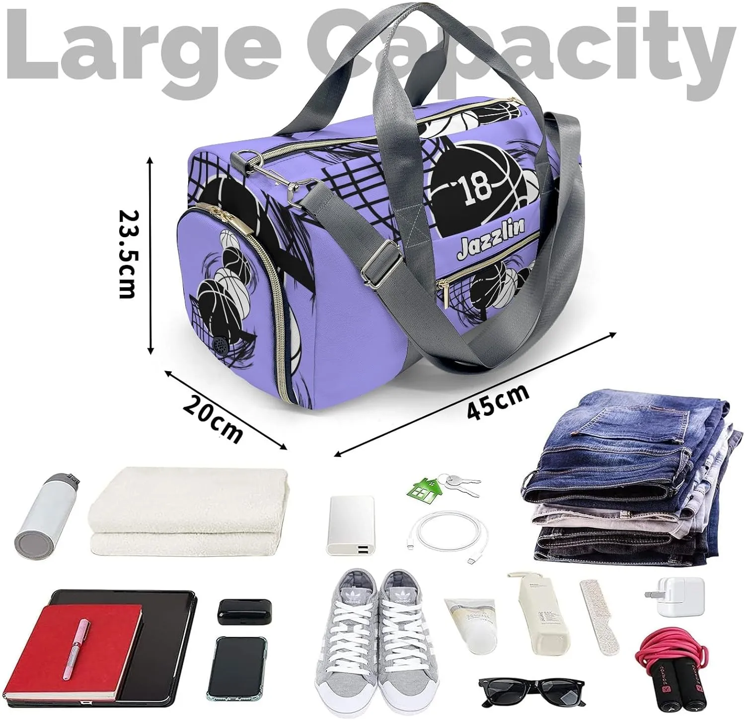 Personalized Basketball Blue Violet Duffel Bag,Customized Sport Player Travel Bag for Gifts