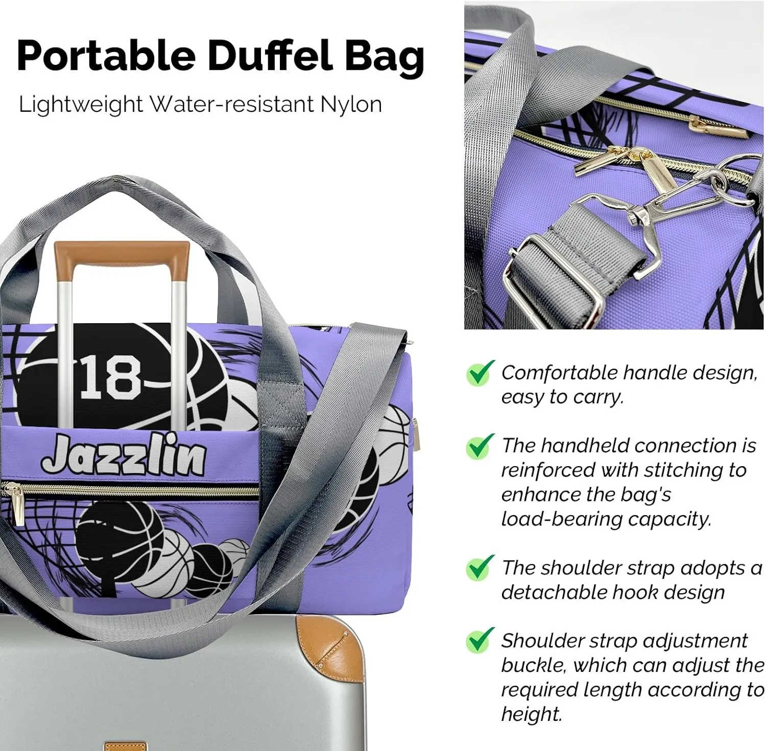 Personalized Basketball Blue Violet Duffel Bag,Customized Sport Player Travel Bag for Gifts