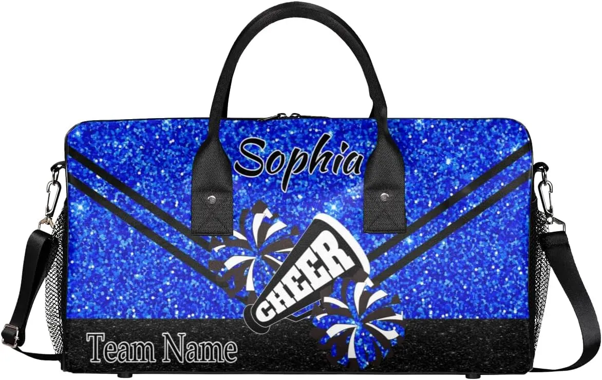 Personalized Cheer Bag, Custom Dance Ballet Bag with Name, Custom Cheer Training Practice Gym Bag Travel Sport Duffel Bag for Women, Blue Glitter