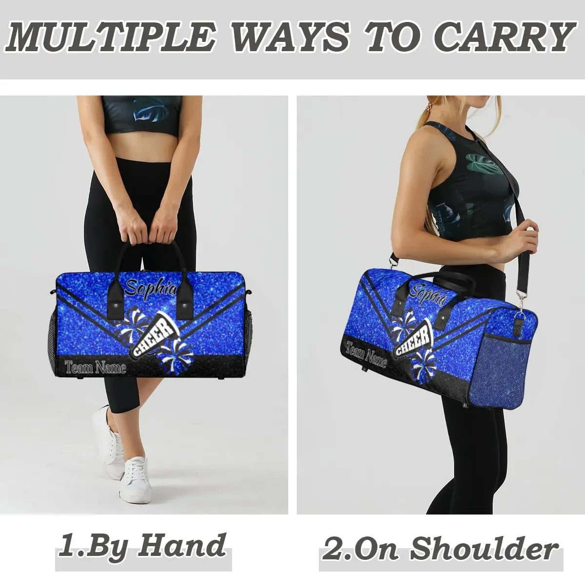 Personalized Cheer Bag, Custom Dance Ballet Bag with Name, Custom Cheer Training Practice Gym Bag Travel Sport Duffel Bag for Women, Blue Glitter