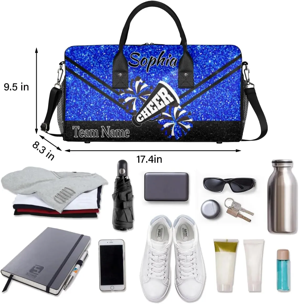 Personalized Cheer Bag, Custom Dance Ballet Bag with Name, Custom Cheer Training Practice Gym Bag Travel Sport Duffel Bag for Women, Blue Glitter