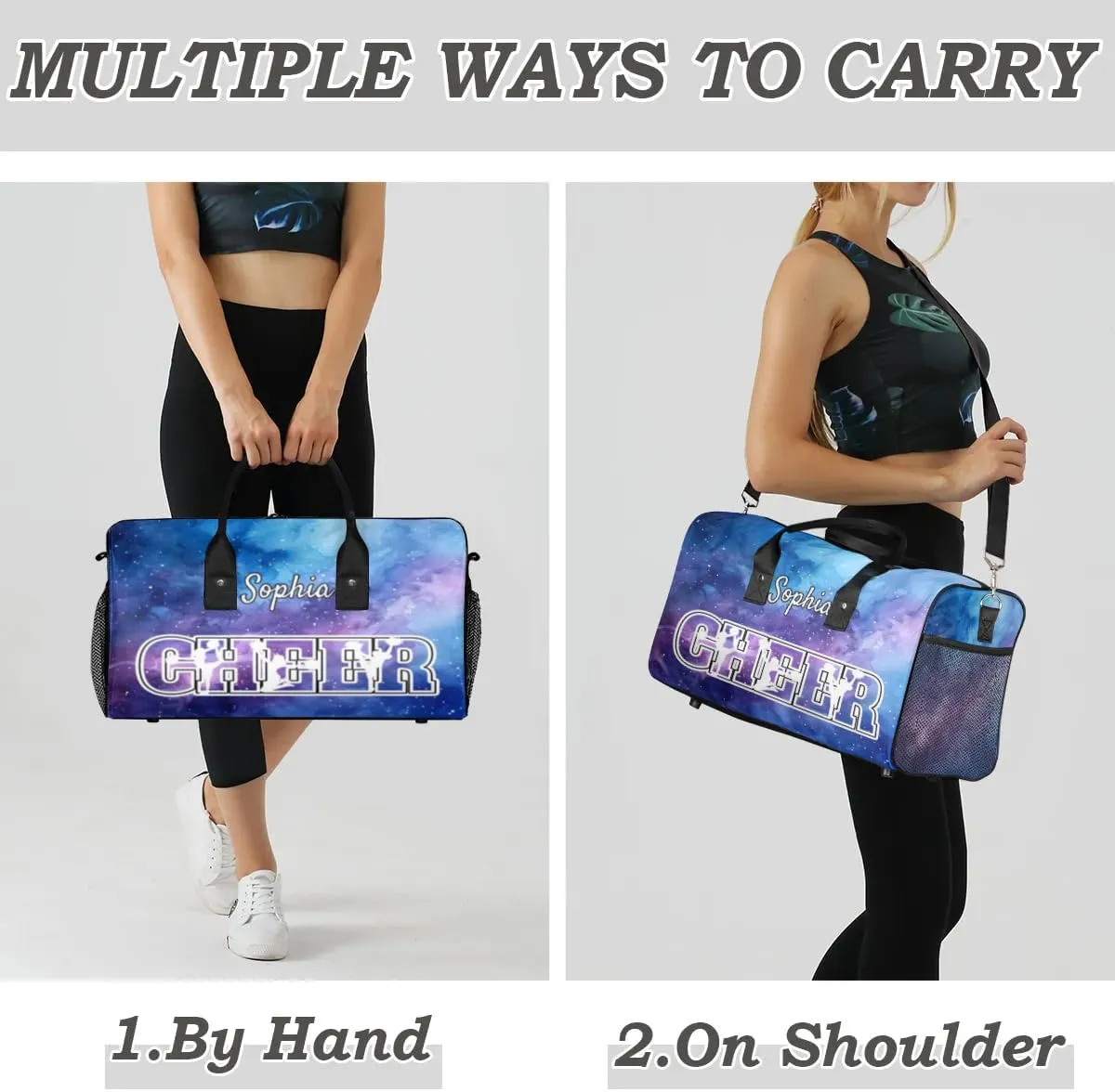 Personalized Cheer Bags for Cheerleaders, Custom Name Sport Duffel Bag Gym Bag Travel Duffle Bag Overnight Weekender Bag Purple Starry Sky