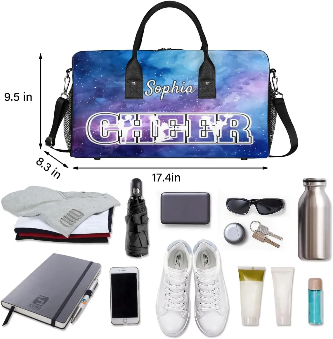 Personalized Cheer Bags for Cheerleaders, Custom Name Sport Duffel Bag Gym Bag Travel Duffle Bag Overnight Weekender Bag Purple Starry Sky