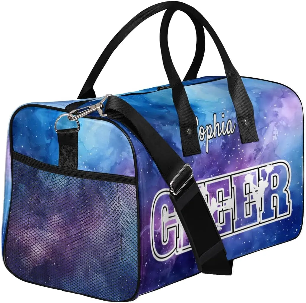 Personalized Cheer Bags for Cheerleaders, Custom Name Sport Duffel Bag Gym Bag Travel Duffle Bag Overnight Weekender Bag Purple Starry Sky