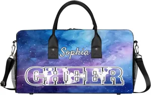 Personalized Cheer Bags for Cheerleaders, Custom Name Sport Duffel Bag Gym Bag Travel Duffle Bag Overnight Weekender Bag Purple Starry Sky