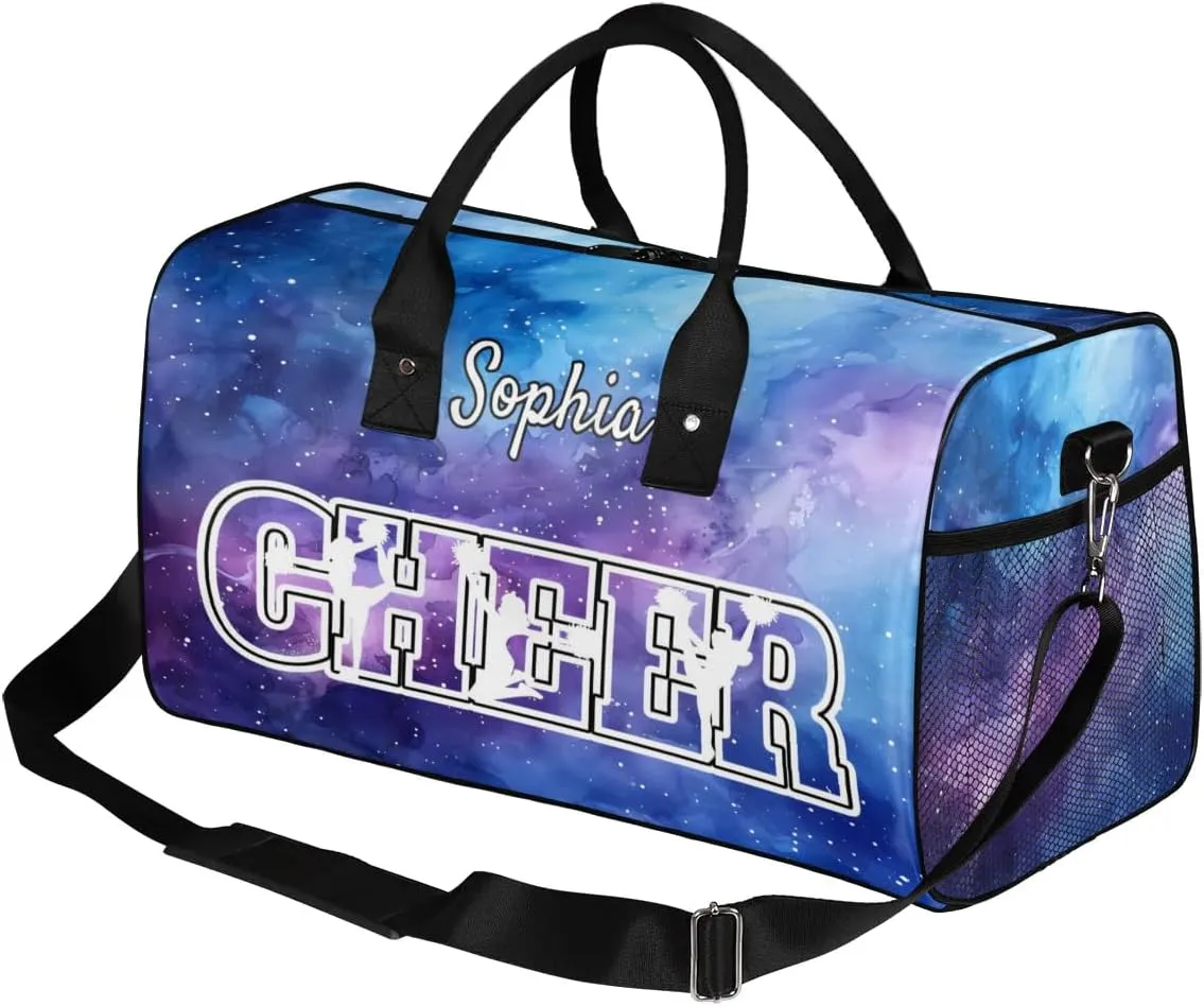 Personalized Cheer Bags for Cheerleaders, Custom Name Sport Duffel Bag Gym Bag Travel Duffle Bag Overnight Weekender Bag Purple Starry Sky