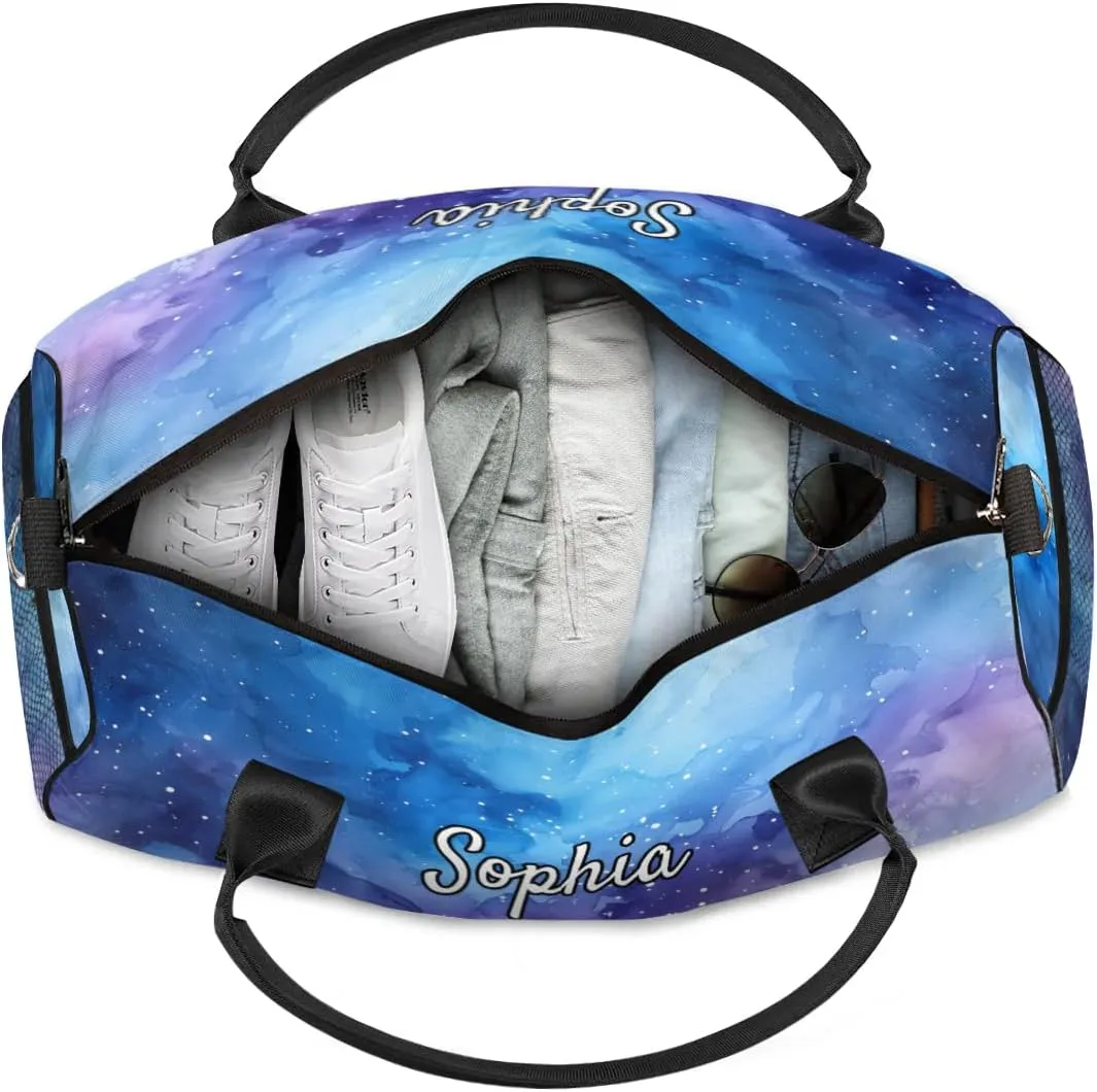 Personalized Cheer Bags for Cheerleaders, Custom Name Sport Duffel Bag Gym Bag Travel Duffle Bag Overnight Weekender Bag Purple Starry Sky