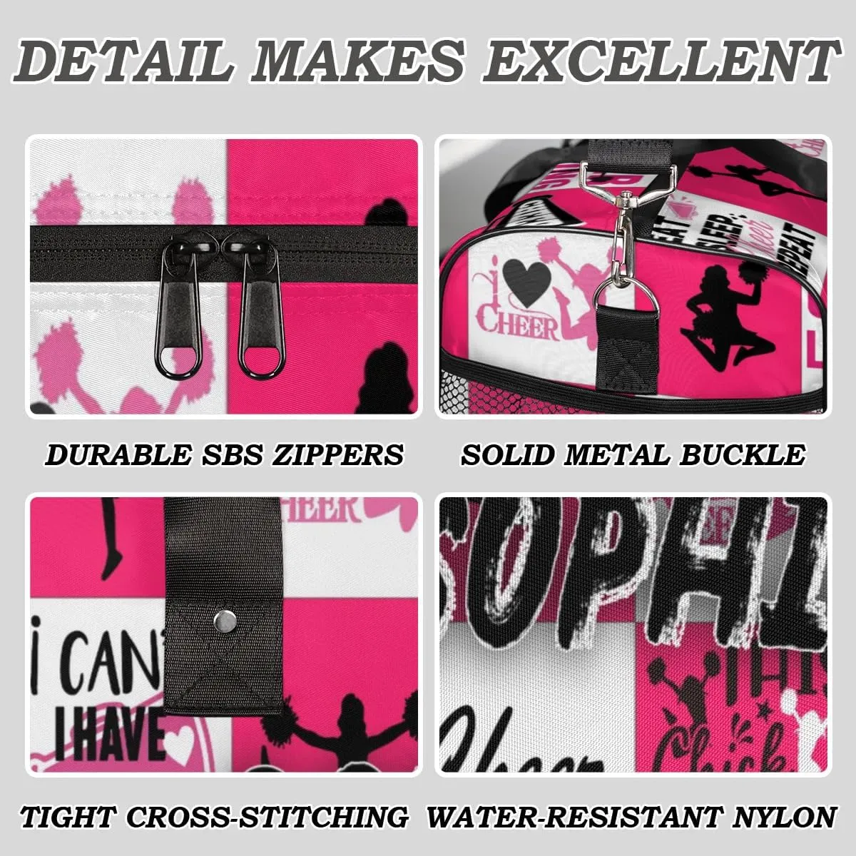 Personalized Cheer Duffel Bag for Cheerleaders, Custom Sports Bag for Women, Custom Cheerleading Travel Overnight Weekender Bag, Dark Pink and White Buffalo Plaid
