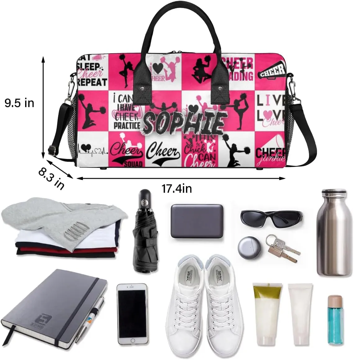 Personalized Cheer Duffel Bag for Cheerleaders, Custom Sports Bag for Women, Custom Cheerleading Travel Overnight Weekender Bag, Dark Pink and White Buffalo Plaid