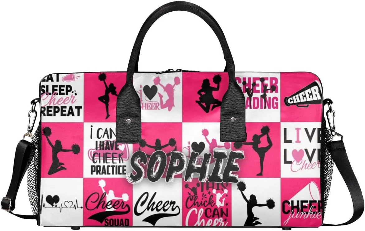Personalized Cheer Duffel Bag for Cheerleaders, Custom Sports Bag for Women, Custom Cheerleading Travel Overnight Weekender Bag, Dark Pink and White Buffalo Plaid