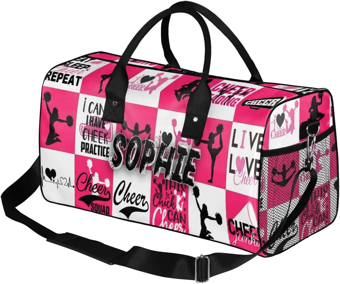 Personalized Cheer Duffel Bag for Cheerleaders, Custom Sports Bag for Women, Custom Cheerleading Travel Overnight Weekender Bag, Dark Pink and White Buffalo Plaid