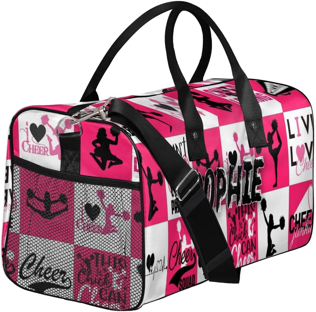 Personalized Cheer Duffel Bag for Cheerleaders, Custom Sports Bag for Women, Custom Cheerleading Travel Overnight Weekender Bag, Dark Pink and White Buffalo Plaid