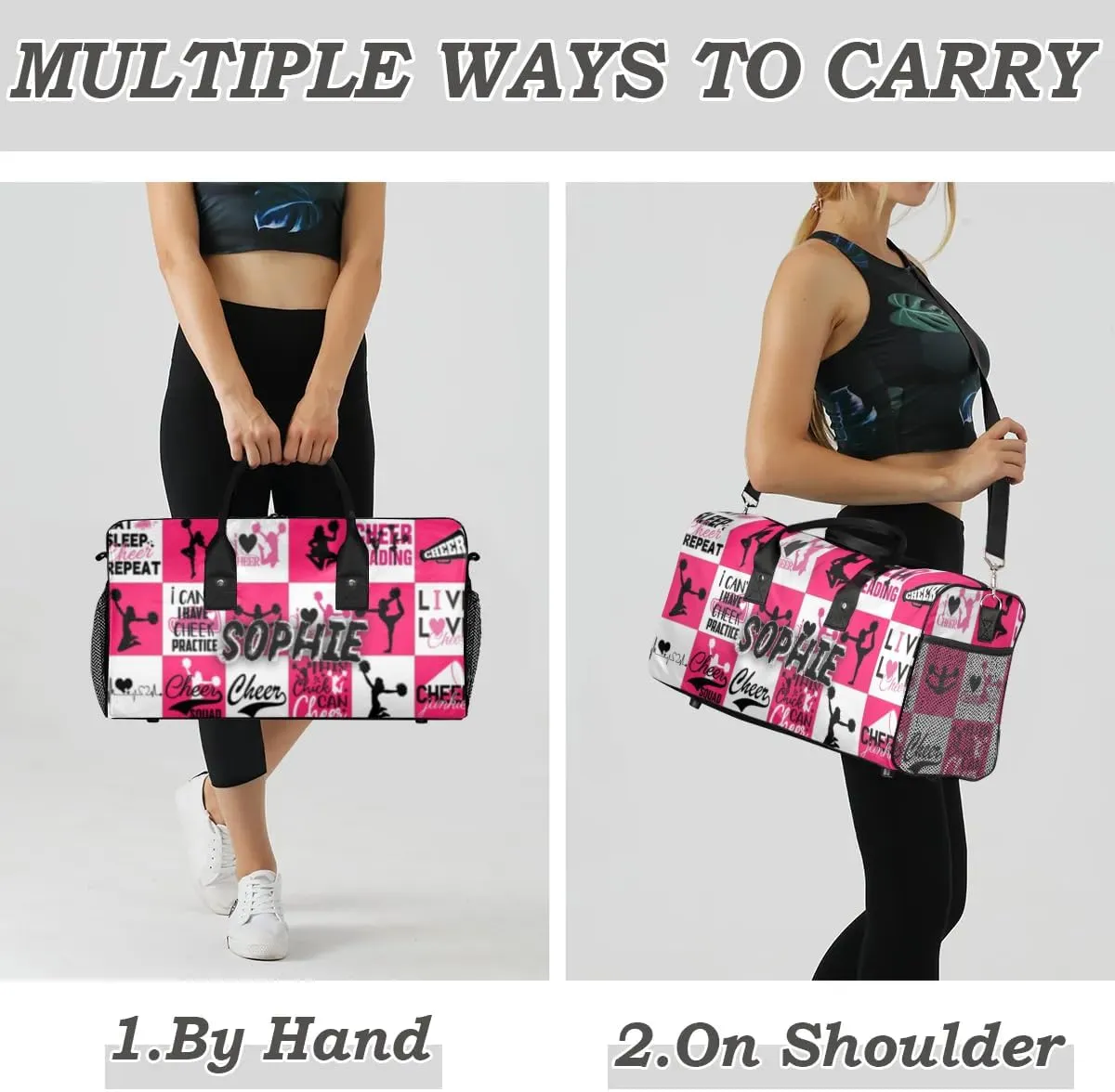 Personalized Cheer Duffel Bag for Cheerleaders, Custom Sports Bag for Women, Custom Cheerleading Travel Overnight Weekender Bag, Dark Pink and White Buffalo Plaid
