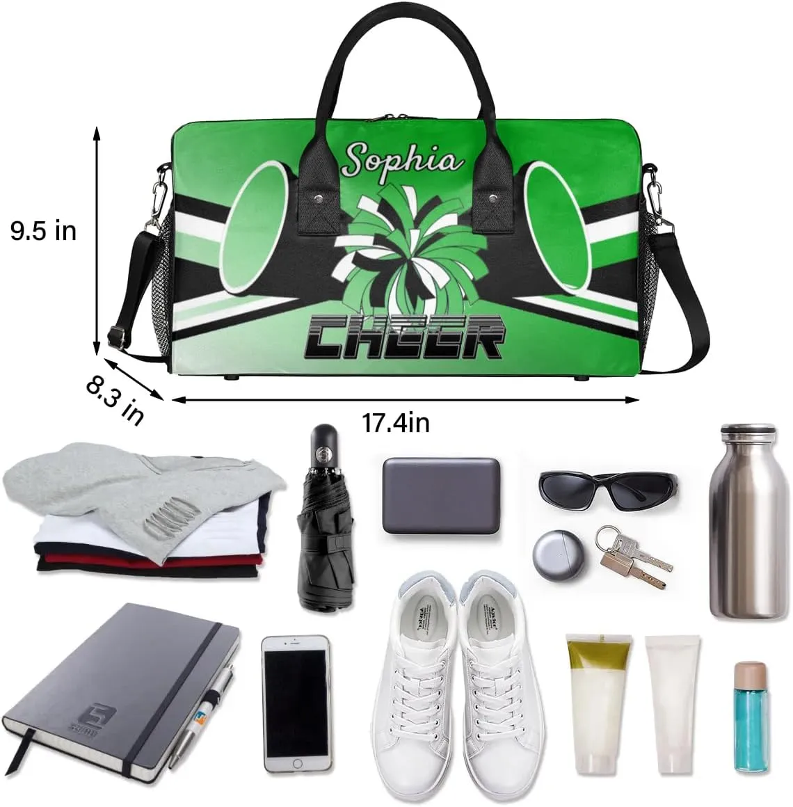 Personalized Cheer Duffel Bag for Cheerleaders, Custom Sports Bag for Women, Custom Cheerleading Travel Overnight Weekender Bag, Grass Green Gradient
