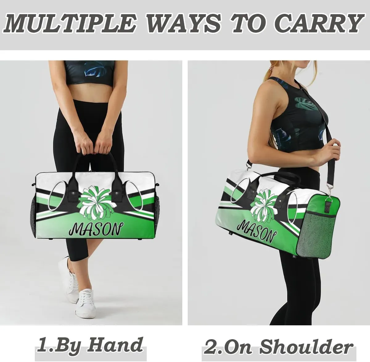 Personalized Cheerleader Cheer Bag Sport Duffel Bag with Name for Women Customized Travel Overnight Weekender Bags, Grass Green Gradient Cheerleading