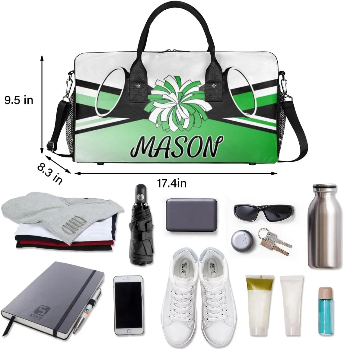 Personalized Cheerleader Cheer Bag Sport Duffel Bag with Name for Women Customized Travel Overnight Weekender Bags, Grass Green Gradient Cheerleading