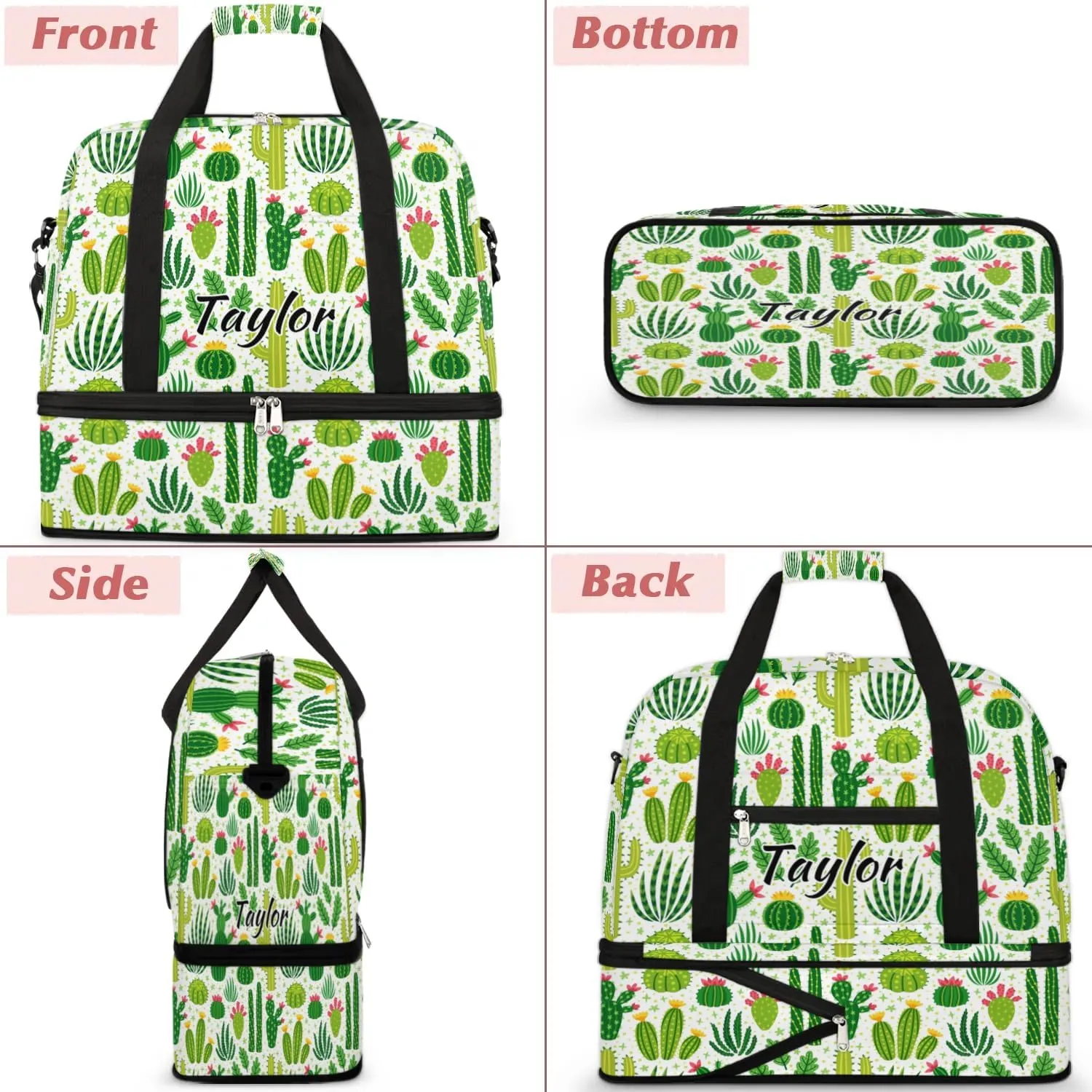 Personalized Duffel Bag with Name, Custom Cactus Travel Sports Gym Yoga Beach Bag Customized Weekender Overnight Bag with Shoes Compartment for Women, Cactus Plants Flower