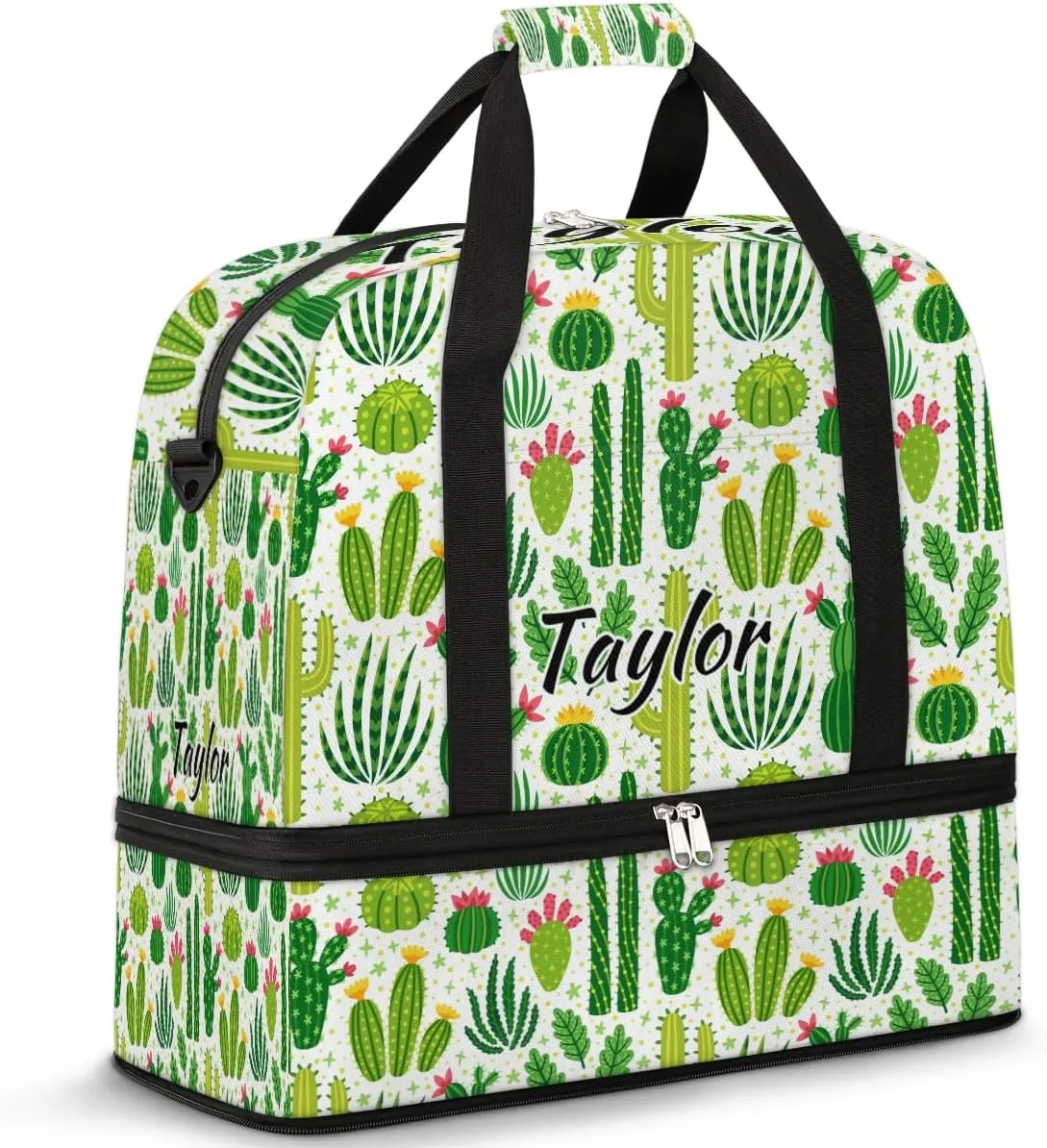 Personalized Duffel Bag with Name, Custom Cactus Travel Sports Gym Yoga Beach Bag Customized Weekender Overnight Bag with Shoes Compartment for Women, Cactus Plants Flower