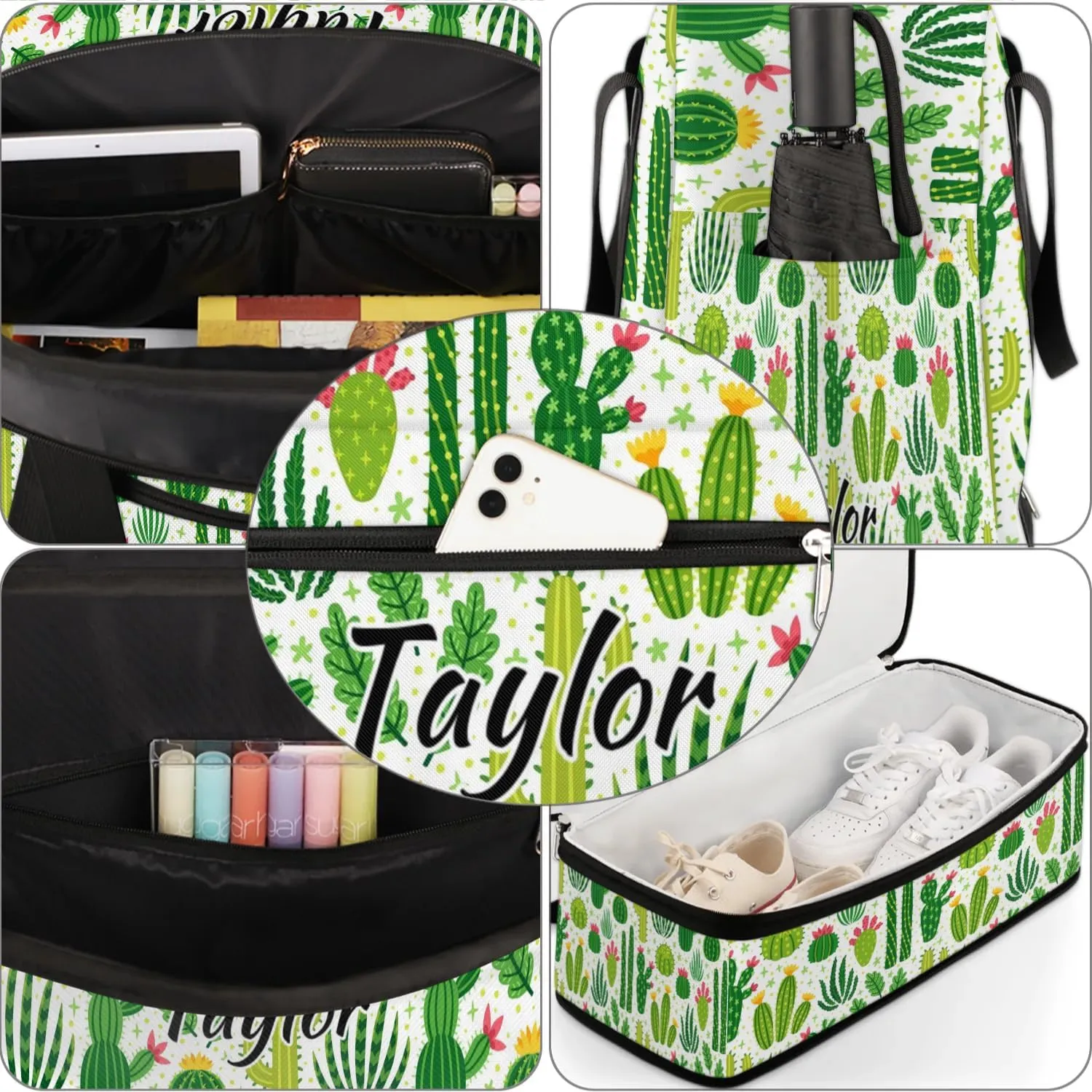 Personalized Duffel Bag with Name, Custom Cactus Travel Sports Gym Yoga Beach Bag Customized Weekender Overnight Bag with Shoes Compartment for Women, Cactus Plants Flower