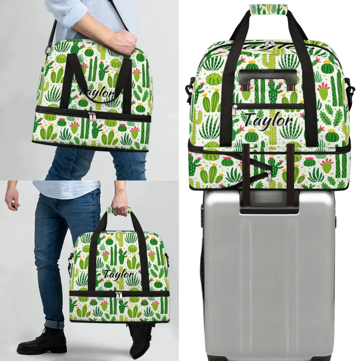 Personalized Duffel Bag with Name, Custom Cactus Travel Sports Gym Yoga Beach Bag Customized Weekender Overnight Bag with Shoes Compartment for Women, Cactus Plants Flower