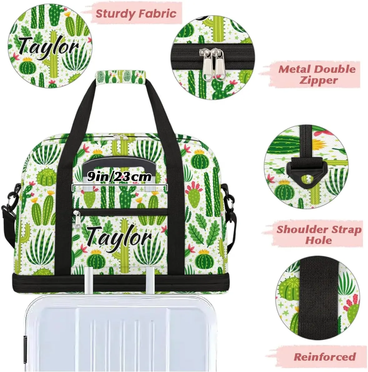 Personalized Duffel Bag with Name, Custom Cactus Travel Sports Gym Yoga Beach Bag Customized Weekender Overnight Bag with Shoes Compartment for Women, Cactus Plants Flower