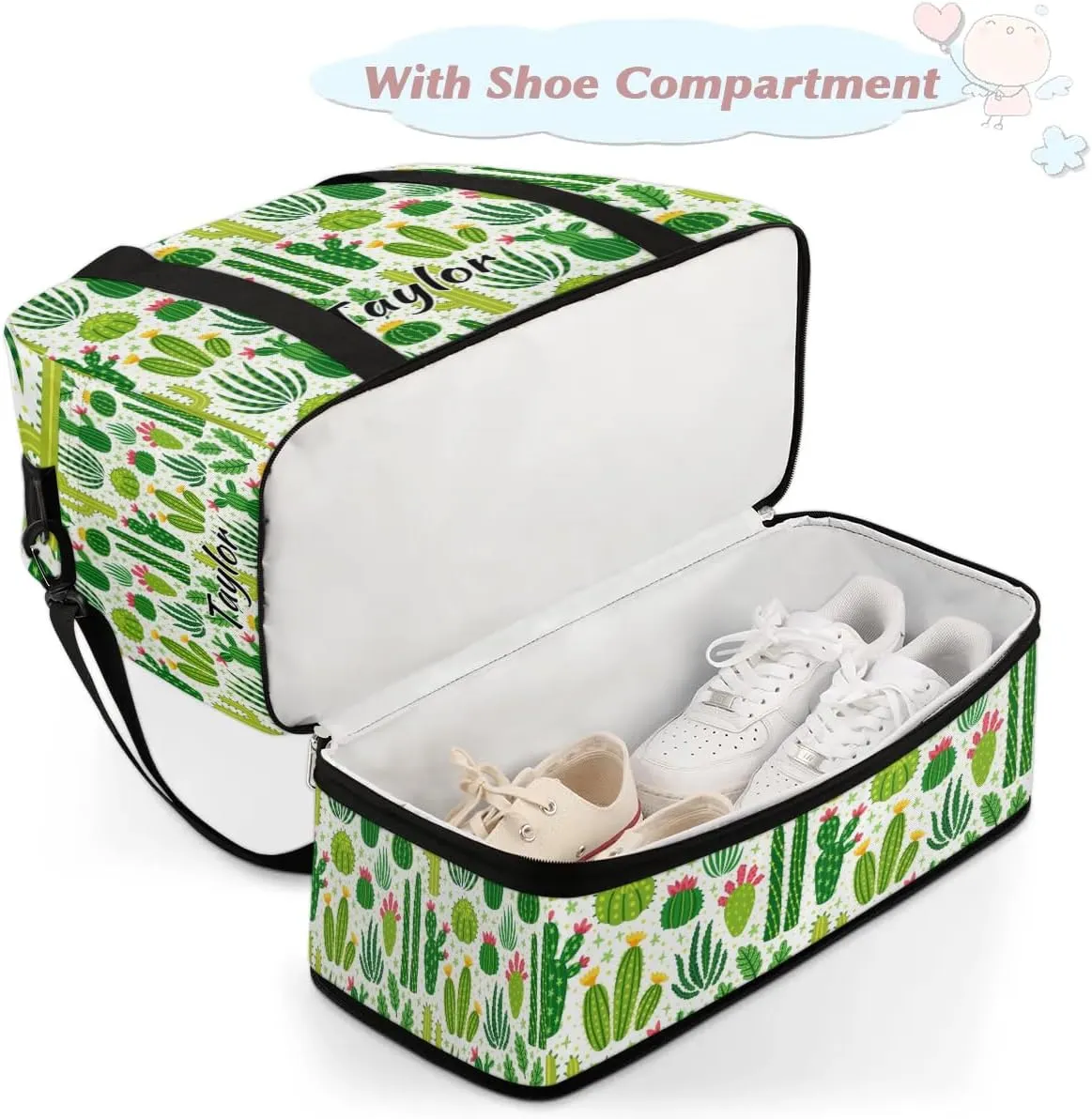 Personalized Duffel Bag with Name, Custom Cactus Travel Sports Gym Yoga Beach Bag Customized Weekender Overnight Bag with Shoes Compartment for Women, Cactus Plants Flower