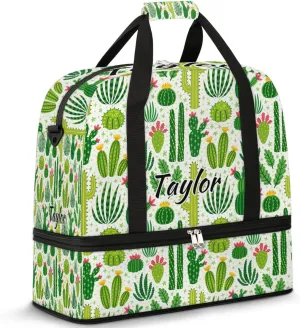 Personalized Duffel Bag with Name, Custom Cactus Travel Sports Gym Yoga Beach Bag Customized Weekender Overnight Bag with Shoes Compartment for Women, Cactus Plants Flower