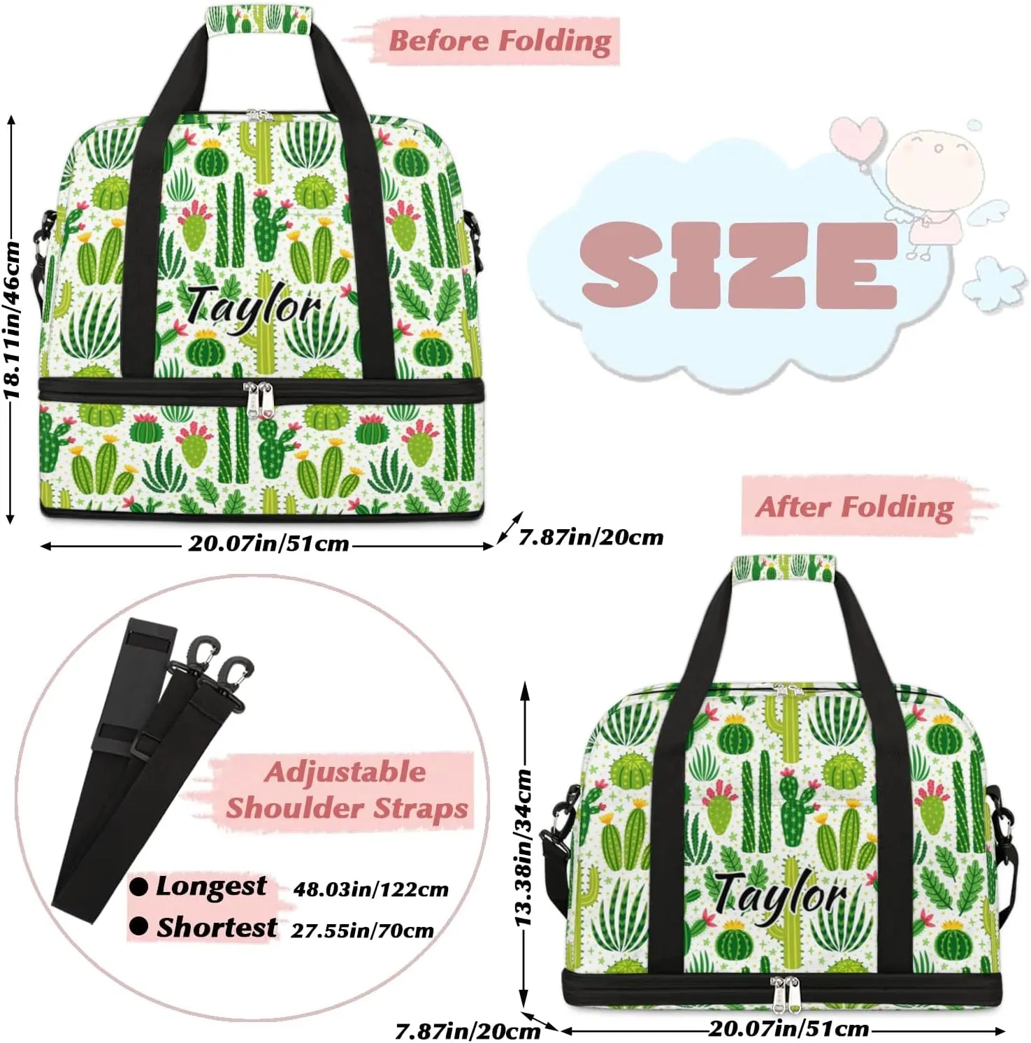 Personalized Duffel Bag with Name, Custom Cactus Travel Sports Gym Yoga Beach Bag Customized Weekender Overnight Bag with Shoes Compartment for Women, Cactus Plants Flower